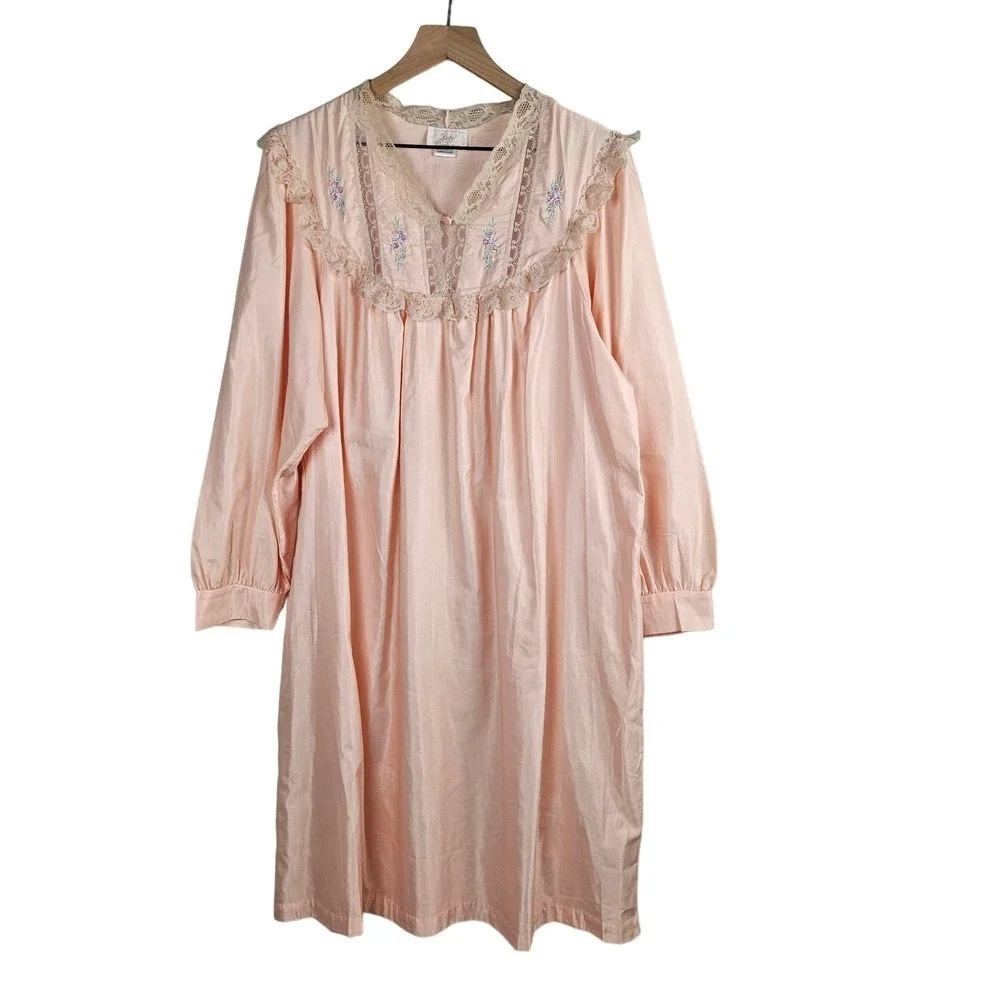 Lady Barbizon Lace Trim Embroidered Nightgown 1X Peach Sleep‎ Shirt